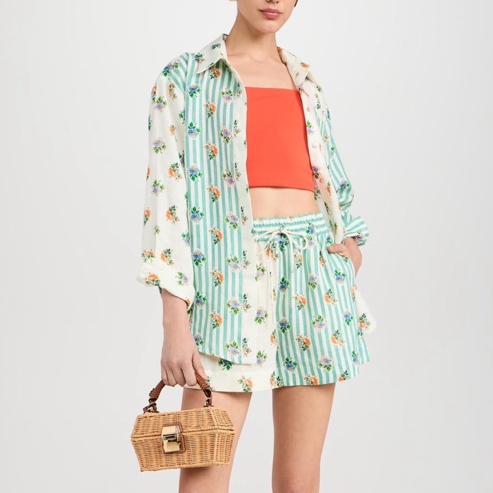 Alemais Green and White Striped Floral Shorts